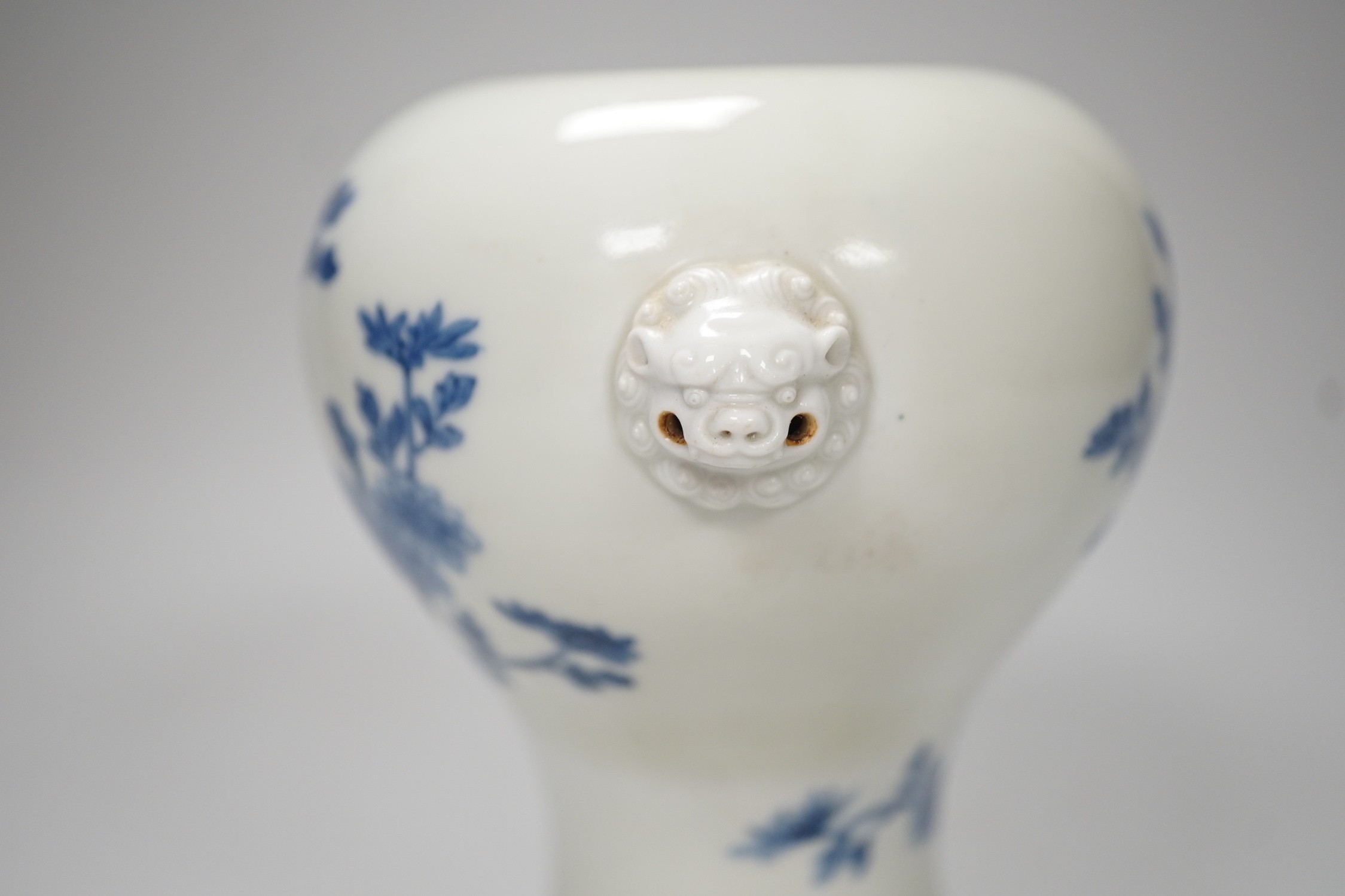 A Japanese blue and white vase, Meiji period, possibly Hirado, with lion mask handles. 13cm high
